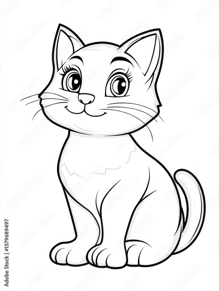 Cute cartoon kitten with big eyes.Black and white isolated colouring for children's books,pet related materials,and adorable animal designs. Cute cartoon kitten with big eyes.Black and white isolated colouring for children's books,pet related materials,and adorable animal designs.