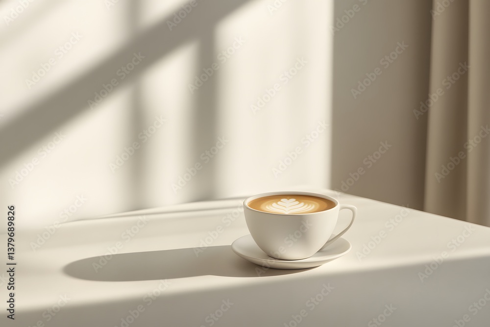 Cup of coffee with latte art on a white surface with sunlight. Cup of coffee with latte art on a white surface with sunlight.