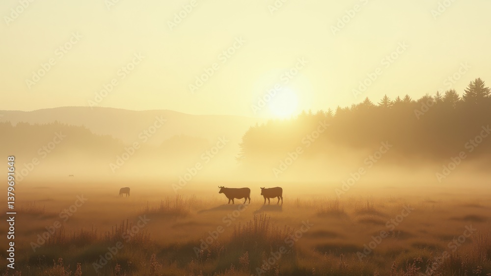 Cows grazing in foggy meadow at sunrise with forest in background Cows grazing in foggy meadow at sunrise with forest in background