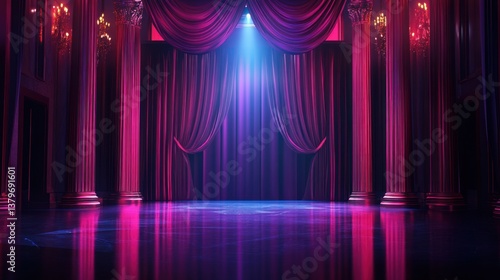 Mysterious Stage with Velvet Curtains and Neon Lights