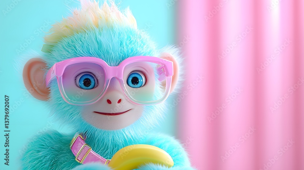 Obraz premium Pastel Blue Fluffy Monkey with Pink Glasses Holding Banana