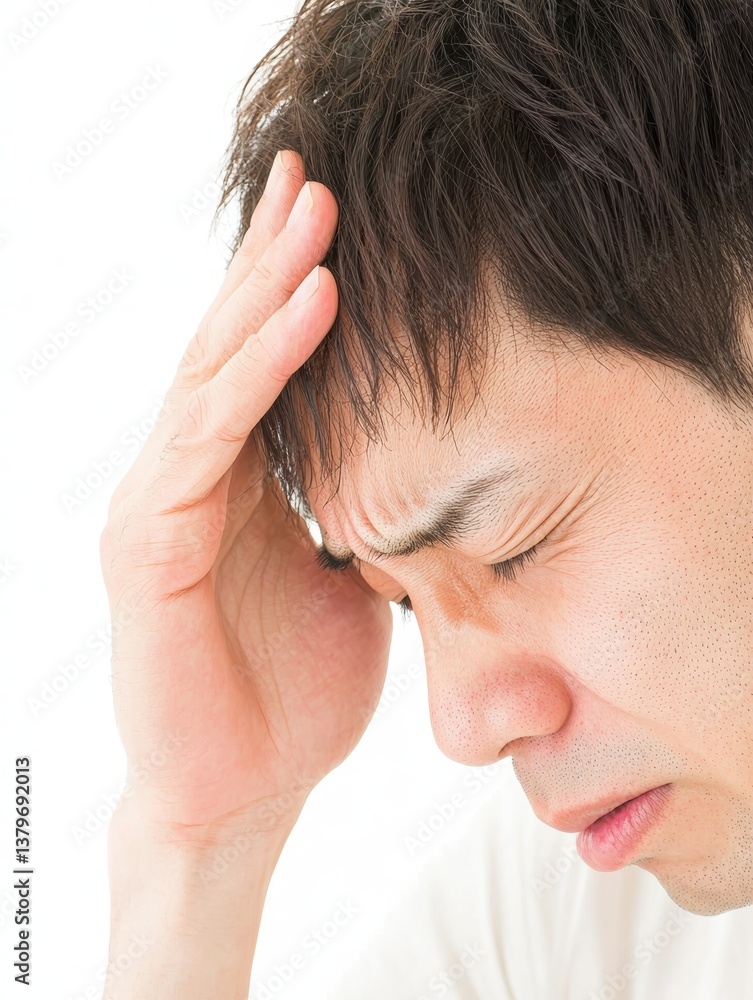 Fototapeta premium A man appears distressed, holding his head, suggesting feelings of pain or stress, against a plain background.