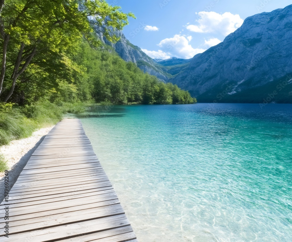 Obraz premium Wooden boardwalk along the mesmerizing Lake Bohinj in Slovenia, Triglav National Park