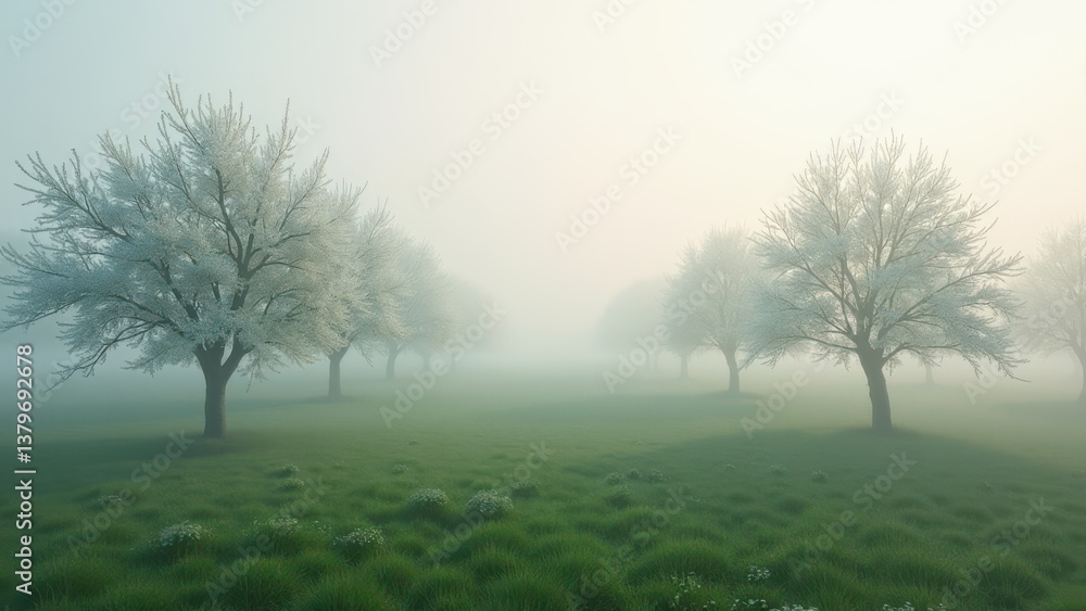 Fototapeta premium Symmetrical rows of blooming trees in foggy field with soft morning light 