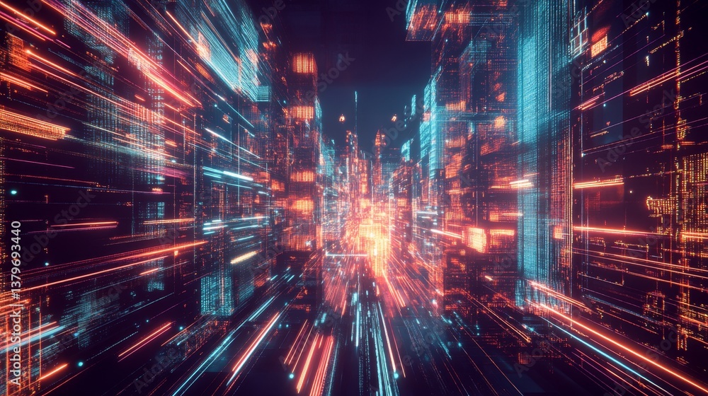Futuristic Cyber Cityscape with Flowing Holographic Elements Futuristic Cyber Cityscape with Flowing Holographic Elements