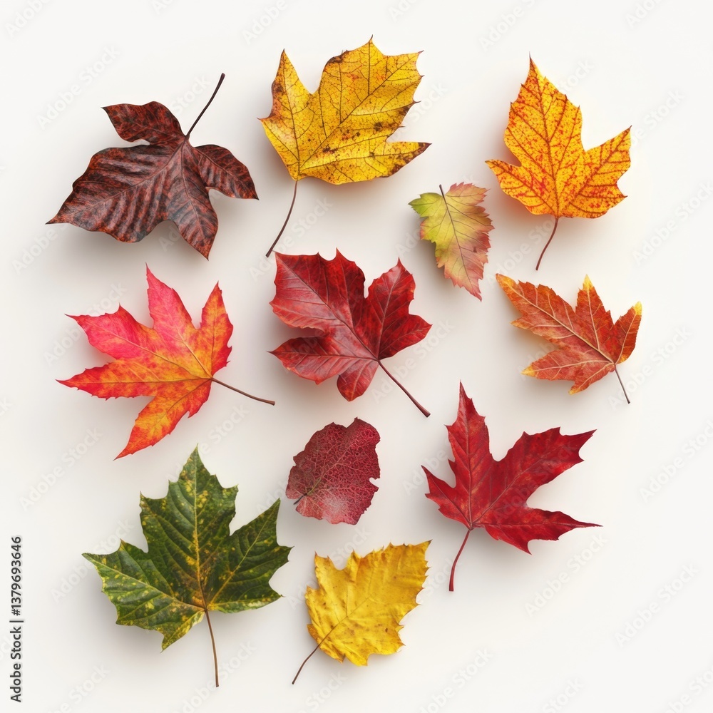 Fototapeta premium Colorful Autumn Leaves Flat Lay in 3D Rendered Perspective