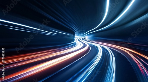 High-Speed Movement Through Glowing Tunnel with Light Trails