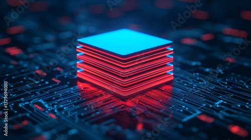 digital transformation strategy + innovation + framework Futuristic digital stack with vibrant blue and red circuits on a dark background.