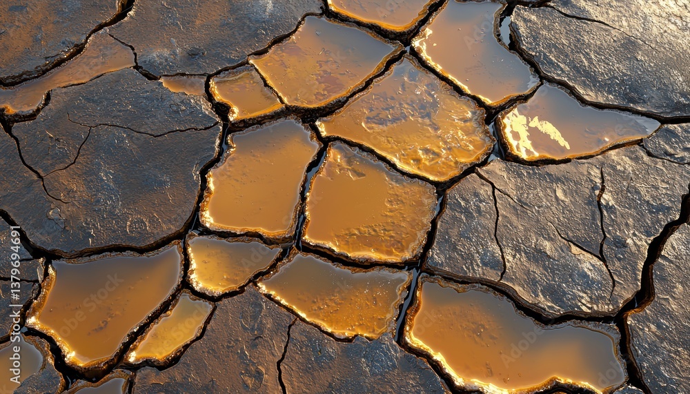 A close-up view of cracked earth with glistening water pools, highlighting the effects of drought and environmental changes. A close-up view of cracked earth with glistening water pools, highlighting the effects of drought and environmental changes.