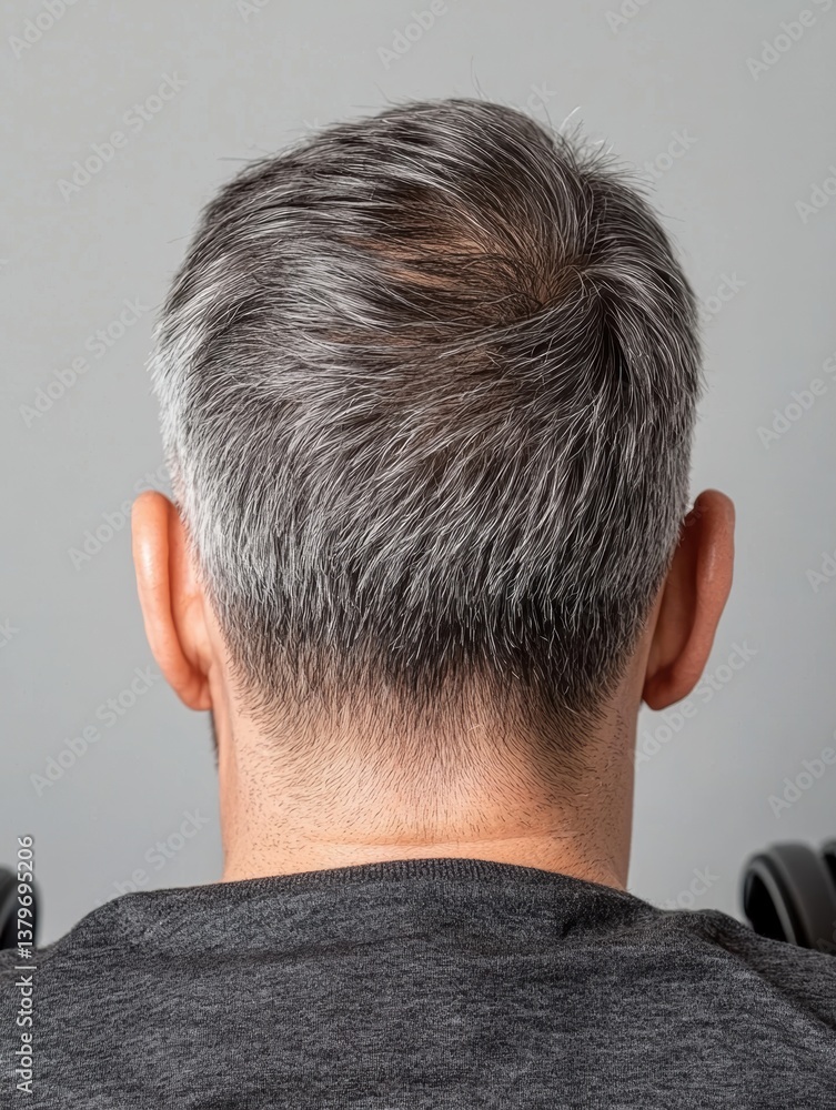 Fototapeta premium A close-up view of a person's gray hair from the back, showcasing a neat haircut and a neutral background.