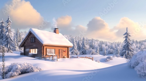 Cozy 3D Cartoon Winter Cabin Surrounded by Snowy Landscape