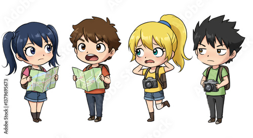 Lost tourists cartoon characters using map and cameras looking confused