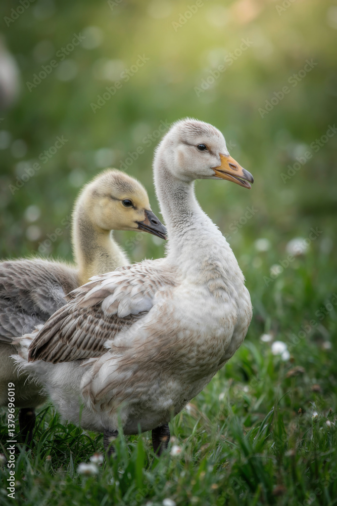 Goslings, one is white Goslings, one is white