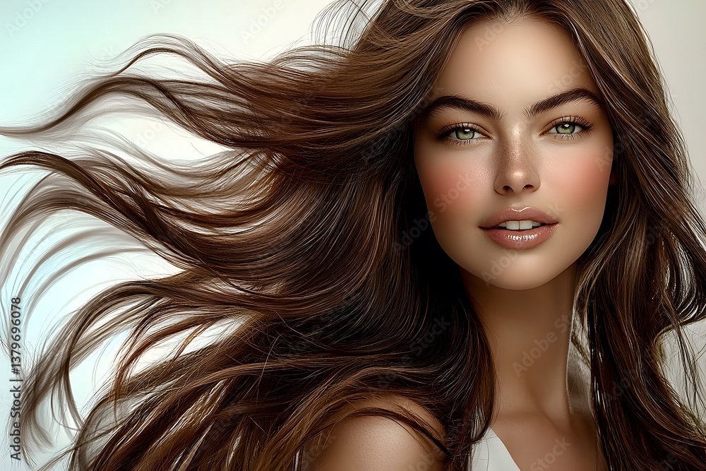 Obraz premium A beautiful woman with long, flowing brown hair that appears to be blowing in the wind, showcasing healthy and shiny hair.