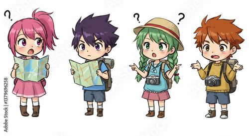 Cartoon Travelers Looking at Maps and Confused About Directions Together