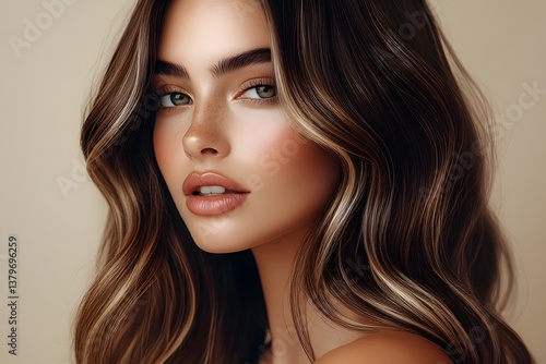 Wallpaper Mural A beautiful woman with long, wavy, brunette hair featuring subtle highlights and a flawless, glowing complexion against a soft beige background. Torontodigital.ca
