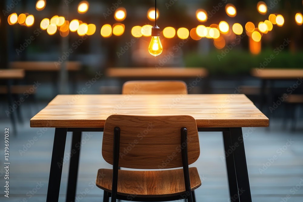 Cozy restaurant setting with a wooden table, chair, and warm, glowing lights in the background. Cozy restaurant setting with a wooden table, chair, and warm, glowing lights in the background.
