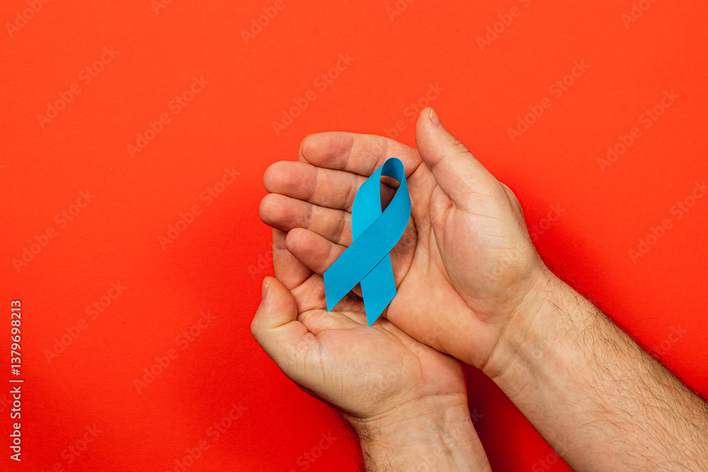 Support for cancer awareness with blue ribbon symbolizing hope and care Support for cancer awareness with blue ribbon symbolizing hope and care