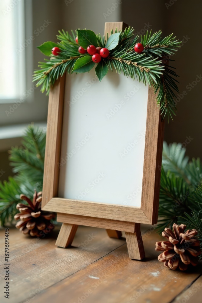 Fototapeta premium Wooden Christmas decoration stand with holly and pinecones , forest, evergreen, pinecone