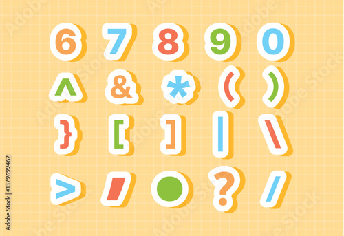 Bright playful number and punctuation mark icons for kids math lessons and educational materials in fun flat cartoon style school UI resources for teaching numbers brackets question marks and arithmet