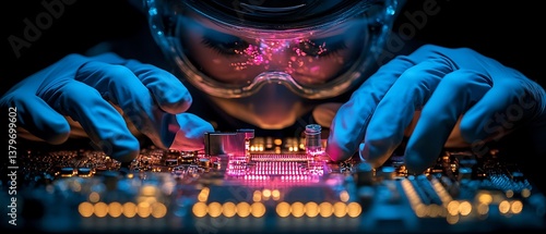 Tech repair gloved hands with circuit board.