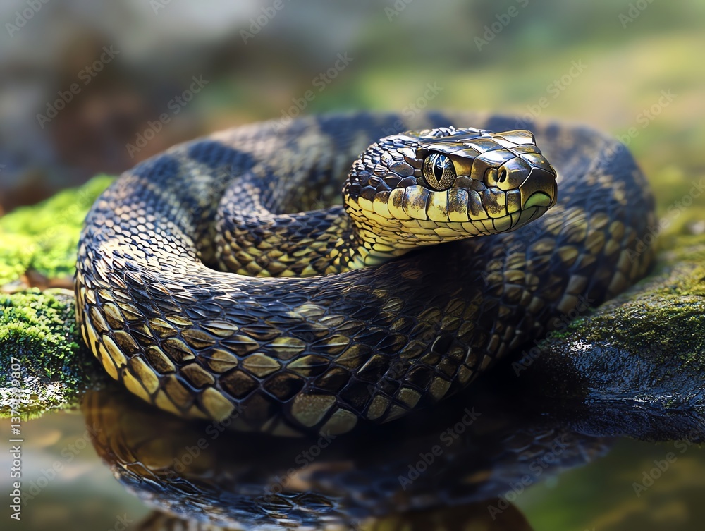 Fototapeta premium Close Up of a Coiled Timber Rattlesnake Near Water Source