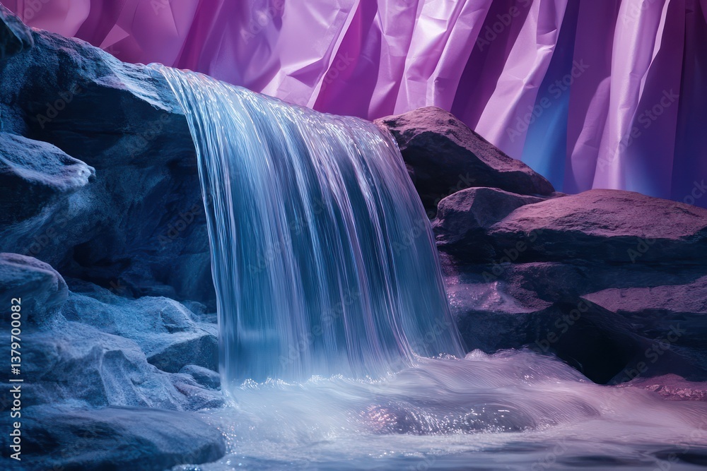 A waterfall flows like liquid silk over sculpted rocks illuminated by dynamic and dramatic lighting abstract acrylic paper backdrop adds A waterfall flows like liquid silk over sculpted rocks illuminated by dynamic and dramatic lighting abstract acrylic paper backdrop adds