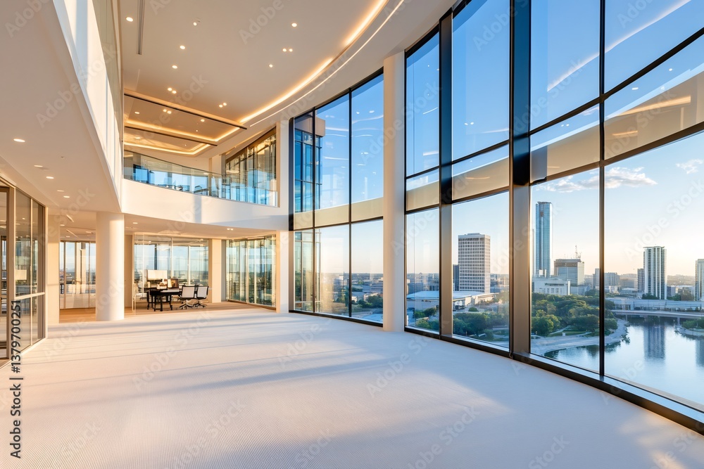 Modern corporate office interior with Fort Worth skyline view