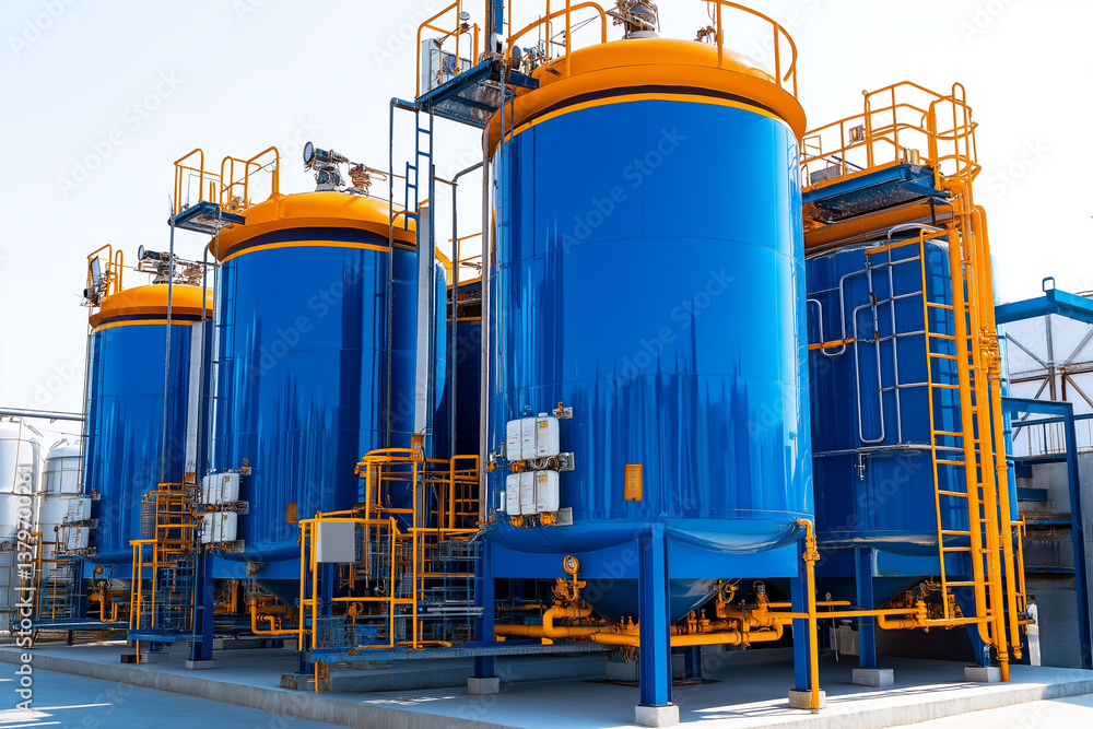 Obraz premium Ethane C2H6 gas industrial. Chemical energy. Fuel storage. Hydrocarbon emission. Clip art of ethane storage tanks with energy output.