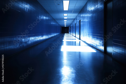 A dimly lit blue corridor with reflective surfaces, creating a mysterious and eerie atmosphere.