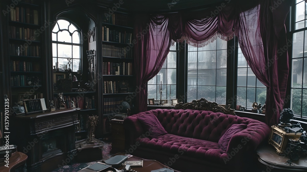Fototapeta premium Cozy and Atmospheric Vintage Library with Luxurious Furniture and Decor