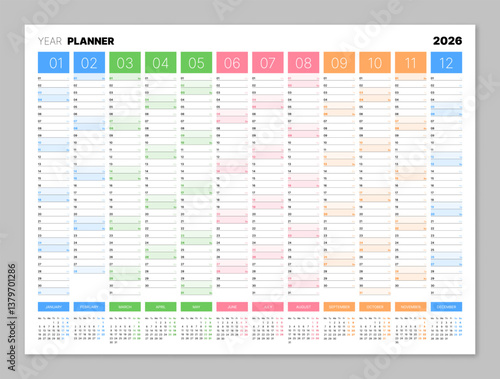 2025 year calendar, blank colorful annual wall planner for daily agenda. Schedule page journal, stationery calendar, organizer, planner template with space for personal notes vector illustration