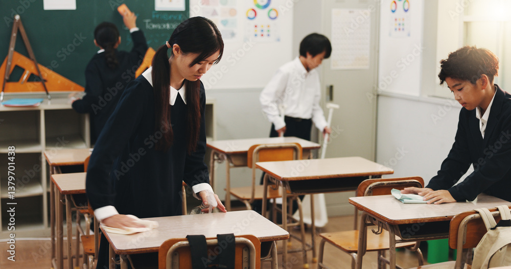 Students, girl and cleaning desk at school for hygiene, learning responsibility and discipline in classroom. Japanese academy, people and wipe surface for disinfection, germs prevention and teamwork