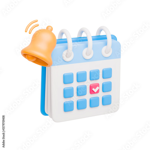 3D calendar with bell notification. Realistic reminder symbol of event planner with ringing yellow bell. Reminder, meeting and time concept. Vector icon isolated on white background.