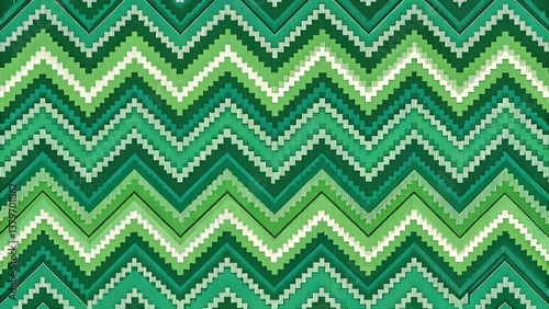 Knitted zigzag pattern, emerald green and light green stripes, chevron design, retro textile texture, seamless geometric pattern, 1970s style, chunky knit sweater close-up, vibrant green tones, pixela