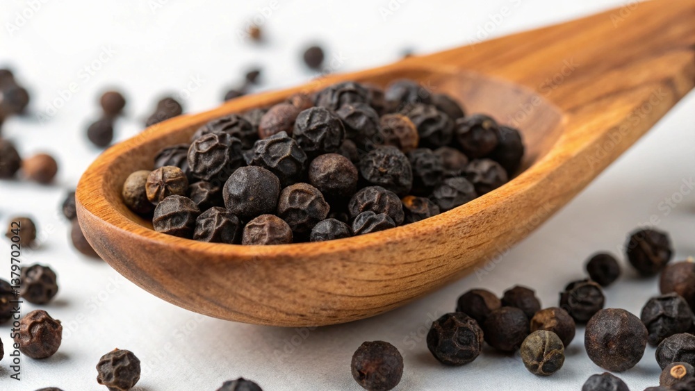 Black peppercorns in wooden scoop isolated on transparent background Generative Ai. Black peppercorns in wooden scoop isolated on transparent background Generative Ai.