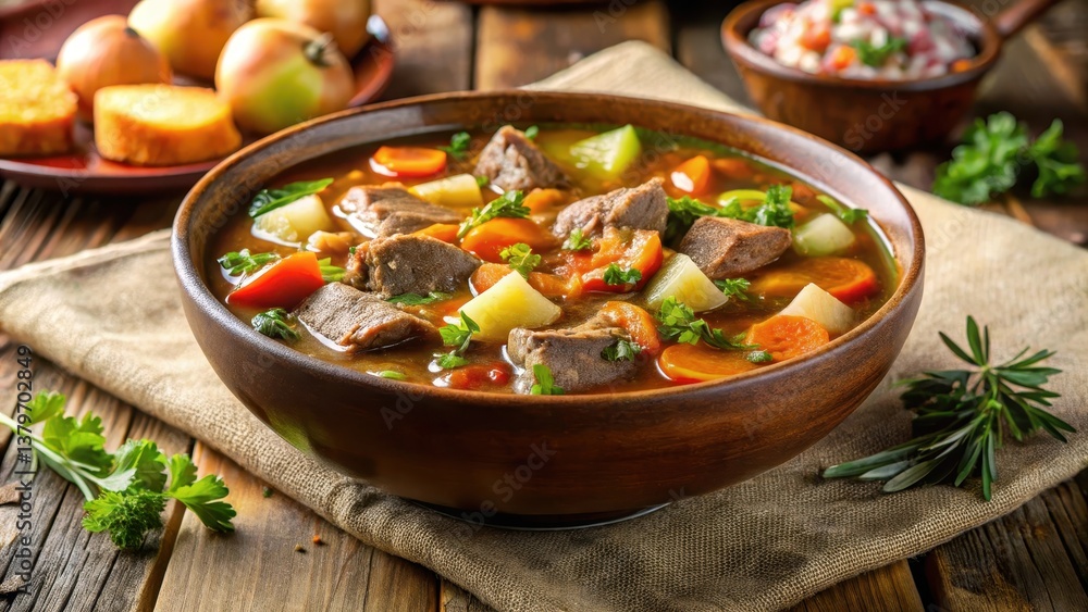 Hearty vegetable soup with chunks of tender meat in a rich savory broth, easy recipe Hearty vegetable soup with chunks of tender meat in a rich savory broth, easy recipe