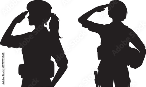 female army soldier giving salute icon or logo silhouette design vector art illustration