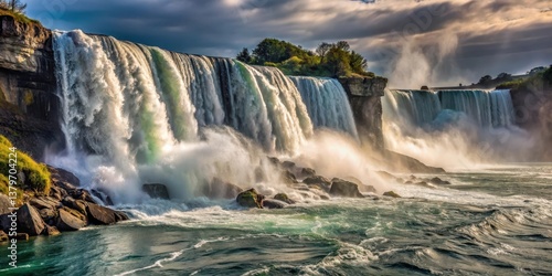 Majestic Waterfall Cascading Over Rugged Rocks, Creating a Breathtaking Natural Spectacle Under a Dramatic Sky