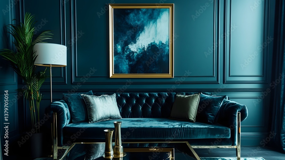 Obraz premium Luxurious Velvet Tufted Sofa in Moody Elegant Living Room with Artwork