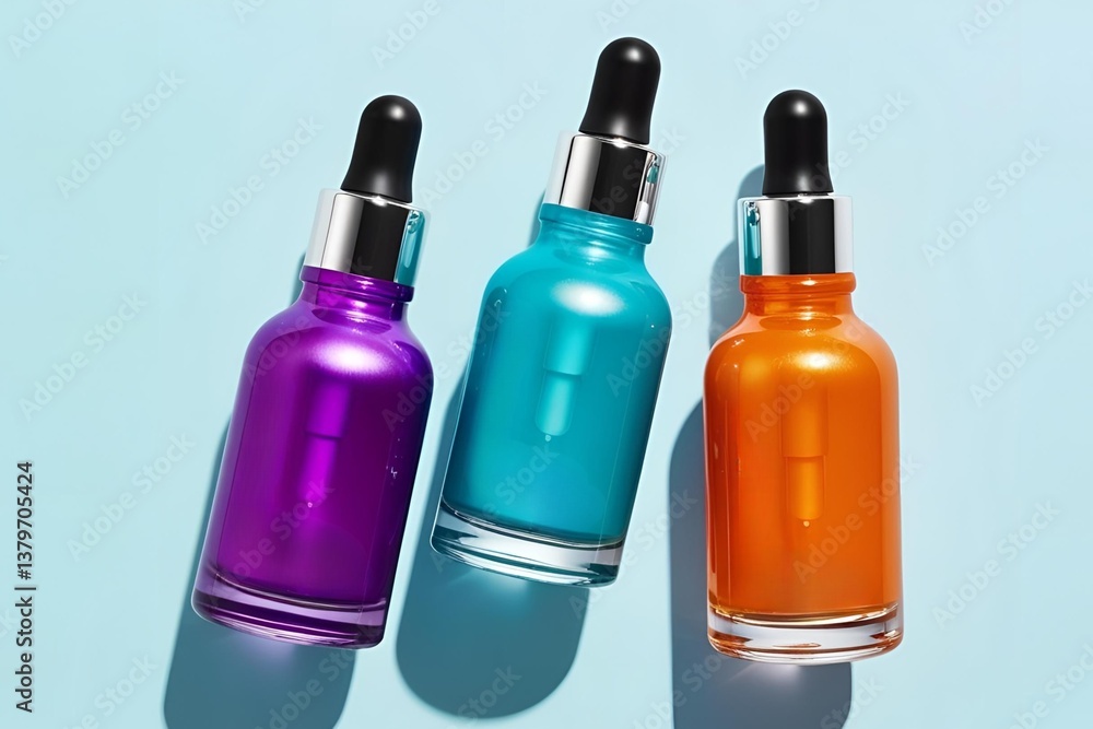 A top view of three vibrant serum bottles in purple, turquoise, and orange, featuring droppers, displayed on a clean light blue background. A top view of three vibrant serum bottles in purple, turquoise, and orange, featuring droppers, displayed on a clean light blue background.