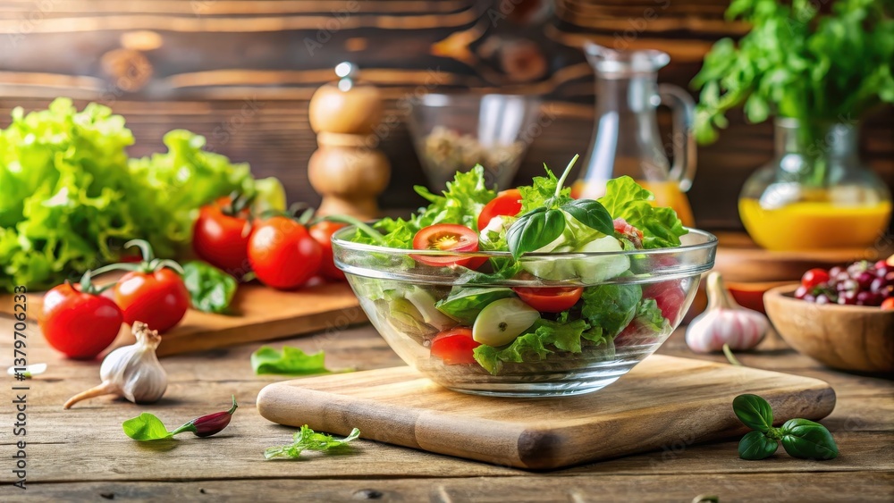 Fresh salad in glass bowl on wooden table in kitchen, fresh herbs, kitchen setup, fresh herbs Fresh salad in glass bowl on wooden table in kitchen, fresh herbs, kitchen setup, fresh herbs