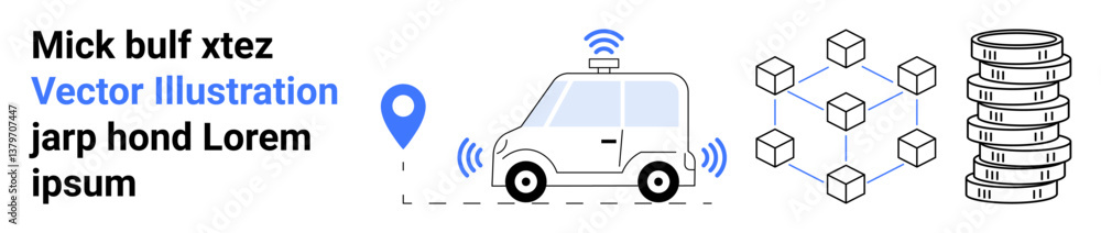 Self-driving car with wireless signals, location pin, blockchain cubes, and stacked data storage disks. Ideal for AI, automation, IoT, logistics, blockchain data management simple landing page Self-driving car with wireless signals, location pin, blockchain cubes, and stacked data storage disks. Ideal for AI, automation, IoT, logistics, blockchain data management simple landing page