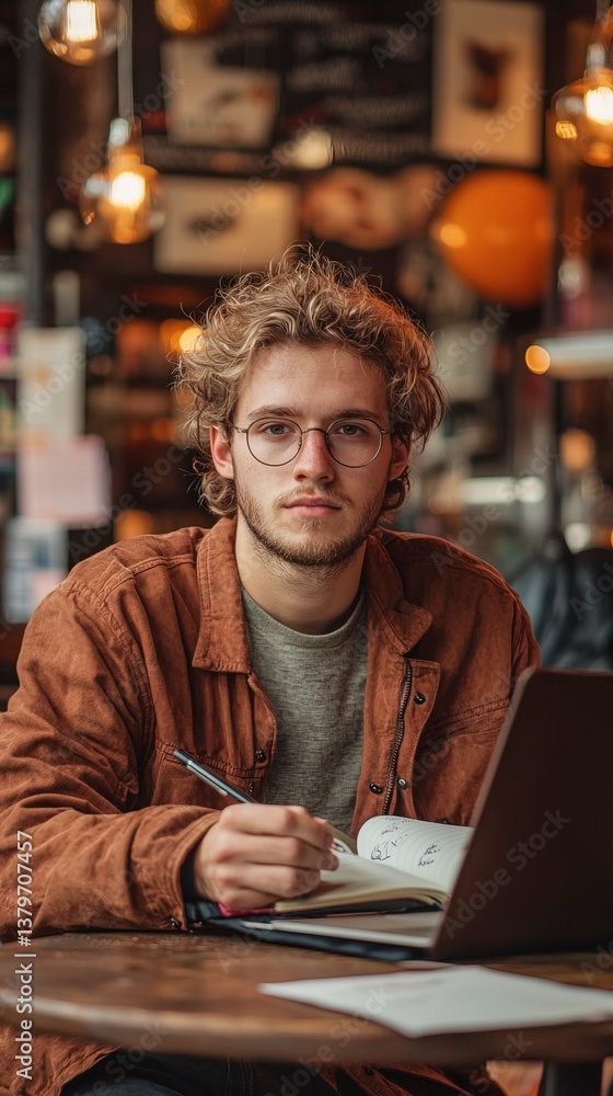 Obraz premium A young man is writing while looking at the camera