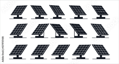 Solar panel silhouettes vector art. Black silhouettes of solar panels vector icons. Solar panel silhouettes icons for eco energy power. Vector solar panel silhouettes for renewable energy