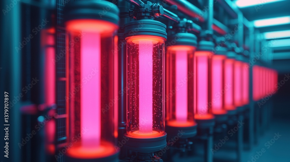 Futuristic illuminated tubes in a high-tech industrial setting, emitting vibrant pink light in a sleek, modern environment. Futuristic illuminated tubes in a high-tech industrial setting, emitting vibrant pink light in a sleek, modern environment.