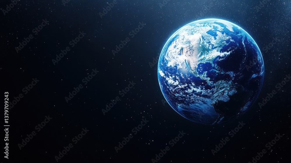 Obraz premium Stunning view of Earth from space, showcasing continents, oceans, and atmosphere against a backdrop of stars.