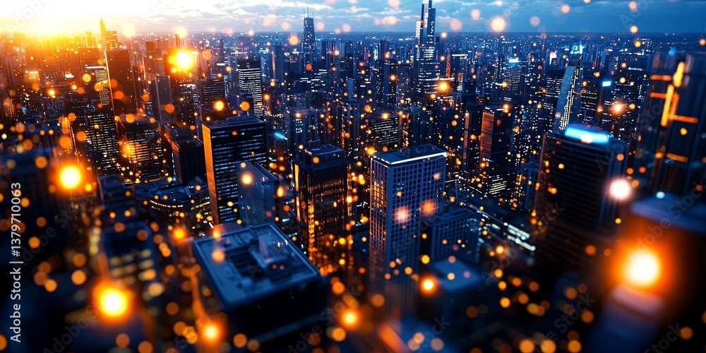 Fototapeta premium A cityscape pulsates with a network of interconnected devices, forming a dynamic web that connects individuals and infrastructure, symbolizing the future of urban living.