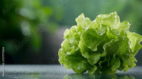 Fresh Crisp Green Lettuce Head Sitting on a Reflective Surface with Water Droplets