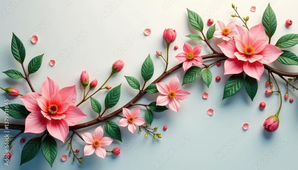 Continuous floral vine; intertwined blooms, leaves, soft hues , background, summer Continuous floral vine; intertwined blooms, leaves, soft hues , background, summer